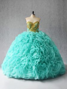 Sleeveless Fabric With Rolling Flowers Court Train Lace Up Quinceanera Gown in Aqua Blue with Beading and Ruffles