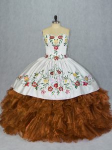  Embroidery and Ruffles Quinceanera Gowns Brown Lace Up Sleeveless Floor Length