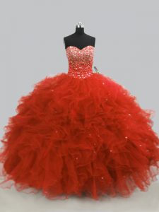 Dazzling Rust Red Sleeveless Tulle Lace Up Vestidos de Quinceanera for Sweet 16 and Quinceanera