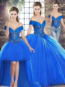  Royal Blue Quinceanera Gowns Organza Brush Train Sleeveless Beading