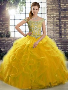  Tulle Sleeveless Quinceanera Dress Brush Train and Beading and Ruffles
