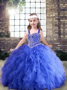  Blue Pageant Gowns For Girls Party and Wedding Party with Beading and Ruffles Straps Sleeveless Lace Up