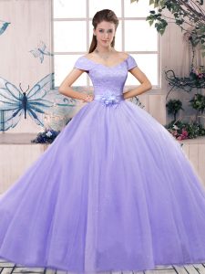 Custom Design Floor Length Lavender 15 Quinceanera Dress Tulle Short Sleeves Lace and Hand Made Flower