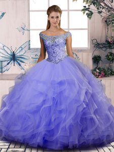 Dramatic Lavender Sleeveless Floor Length Beading and Ruffles Lace Up Quinceanera Gowns