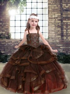 Latest Brown Ball Gowns Beading and Ruffles Little Girls Pageant Dress Lace Up Tulle Sleeveless Floor Length