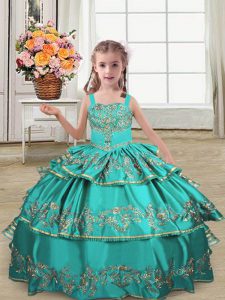  Turquoise Lace Up Kids Pageant Dress Embroidery and Ruffled Layers Sleeveless Floor Length