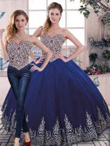  Tulle Sweetheart Sleeveless Lace Up Beading and Embroidery Quinceanera Gowns in Royal Blue