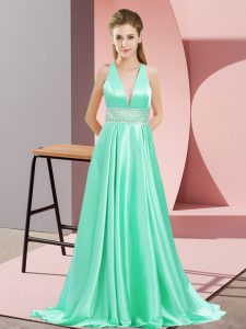 Nice Apple Green Elastic Woven Satin Backless Dress for Prom Sleeveless Brush Train Beading