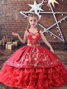 Luxurious Satin and Organza Sleeveless Floor Length Little Girls Pageant Gowns and Embroidery and Ruffled Layers