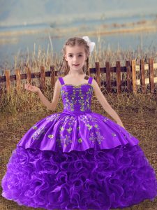  Lavender Fabric With Rolling Flowers Lace Up Straps Sleeveless Girls Pageant Dresses Sweep Train Embroidery