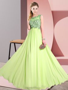 Latest Yellow Green Empire Chiffon Scoop Sleeveless Beading and Appliques Floor Length Backless Court Dresses for Sweet 16