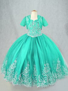 Classical Turquoise Kids Pageant Dress Wedding Party with Beading and Embroidery Spaghetti Straps Sleeveless Lace Up