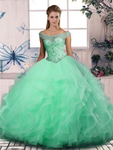  Floor Length Apple Green Ball Gown Prom Dress Off The Shoulder Sleeveless Lace Up