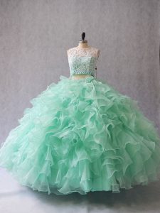  Apple Green Two Pieces Beading and Lace and Ruffles Quinceanera Dresses Zipper Organza Sleeveless Floor Length