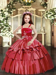  Red Taffeta Lace Up Straps Sleeveless Floor Length Little Girl Pageant Gowns Beading and Ruffled Layers