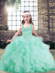 Cheap Tulle Straps Sleeveless Lace Up Beading and Ruffles Kids Pageant Dress in Apple Green
