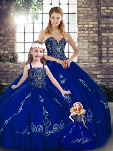  Sleeveless Tulle Floor Length Lace Up 15th Birthday Dress in Royal Blue with Beading and Embroidery