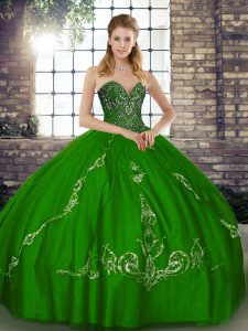  Green Tulle Lace Up Sweetheart Sleeveless Floor Length Quinceanera Dress Beading and Embroidery