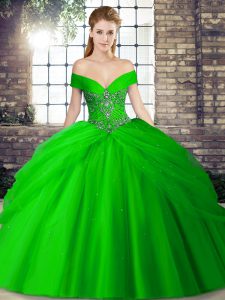 Pretty Green Sleeveless Brush Train Beading and Pick Ups 15th Birthday Dress
