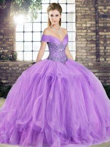  Off The Shoulder Sleeveless Lace Up Quinceanera Gown Lavender Tulle