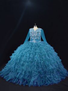 Super V-neck Long Sleeves Organza Quinceanera Dress Beading and Ruffled Layers Lace Up