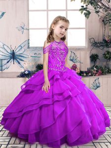 Elegant Purple Organza Lace Up Kids Pageant Dress Sleeveless Floor Length Beading and Ruffled Layers