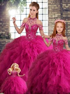 Dynamic Fuchsia Lace Up Halter Top Beading and Ruffles Sweet 16 Dresses Tulle Sleeveless