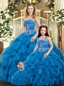 Custom Made Strapless Sleeveless Tulle Quinceanera Dresses Beading and Ruffles Lace Up