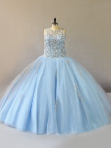  Light Blue Ball Gowns Beading 15 Quinceanera Dress Lace Up Tulle Sleeveless Floor Length