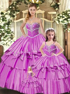  Beading and Ruffled Layers 15th Birthday Dress Lilac Lace Up Sleeveless Floor Length
