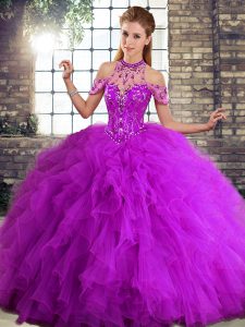 Modest Beading and Ruffles Sweet 16 Dresses Purple Lace Up Sleeveless Floor Length