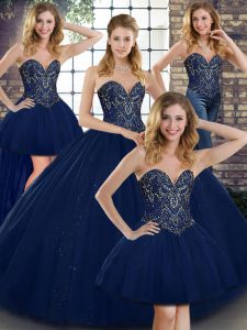 Beading Quince Ball Gowns Navy Blue Lace Up Sleeveless Floor Length
