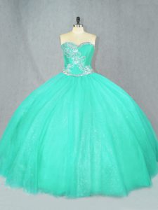 Fantastic Turquoise Lace Up Sweetheart Beading Vestidos de Quinceanera Tulle Sleeveless