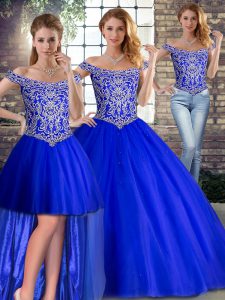  Royal Blue Lace Up Ball Gown Prom Dress Beading Sleeveless Brush Train