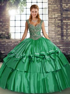 Sleeveless Floor Length Beading and Ruffled Layers Lace Up Sweet 16 Dress with Green