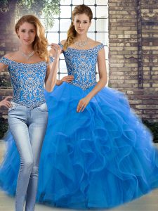 Dynamic Lace Up Sweet 16 Dresses Blue for Military Ball and Sweet 16 and Quinceanera with Beading and Ruffles Brush Train