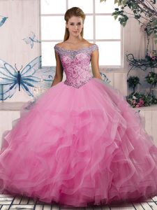 Beautiful Rose Pink Tulle Lace Up Off The Shoulder Sleeveless Floor Length Sweet 16 Dresses Beading and Ruffles