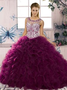 Best Selling Dark Purple Sleeveless Beading and Ruffles Floor Length Sweet 16 Quinceanera Dress
