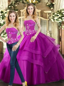 Fine Fuchsia Sleeveless Tulle Lace Up Sweet 16 Dresses for Sweet 16 and Quinceanera
