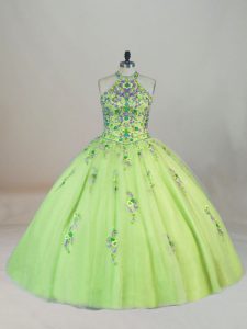  Lace Up Vestidos de Quinceanera Yellow Green for Sweet 16 and Quinceanera with Embroidery Brush Train
