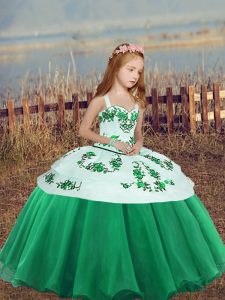 Hot Sale Green Organza Side Zipper Pageant Gowns For Girls Sleeveless Floor Length Embroidery