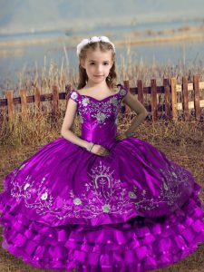 Stylish Purple Lace Up Child Pageant Dress Embroidery and Ruffled Layers Sleeveless Floor Length