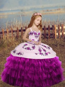 Simple Straps Sleeveless Lace Up Little Girls Pageant Dress Wholesale Fuchsia Organza