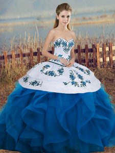  Blue And White Tulle Lace Up Sweetheart Sleeveless Floor Length 15th Birthday Dress Embroidery and Ruffles and Bowknot