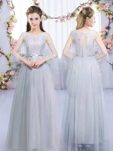  Scoop Sleeveless Lace Up Dama Dress for Quinceanera Grey Tulle