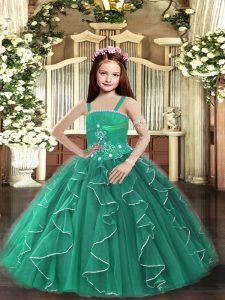 Custom Made Dark Green Kids Formal Wear Party and Sweet 16 and Wedding Party with Beading and Ruffles Straps Sleeveless Lace Up