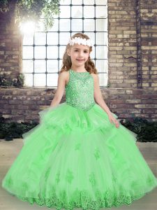 Popular Yellow Green Ball Gowns Scoop Sleeveless Tulle Floor Length Lace Up Appliques Kids Pageant Dress