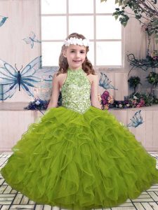  High-neck Sleeveless Lace Up Girls Pageant Dresses Olive Green Tulle
