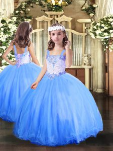 Stunning Ball Gowns Little Girls Pageant Gowns Baby Blue Straps Tulle Sleeveless Floor Length Lace Up