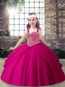 Hot Sale Floor Length Lace Up Little Girl Pageant Dress Fuchsia for Military Ball and Sweet 16 and Wedding Party with Beading